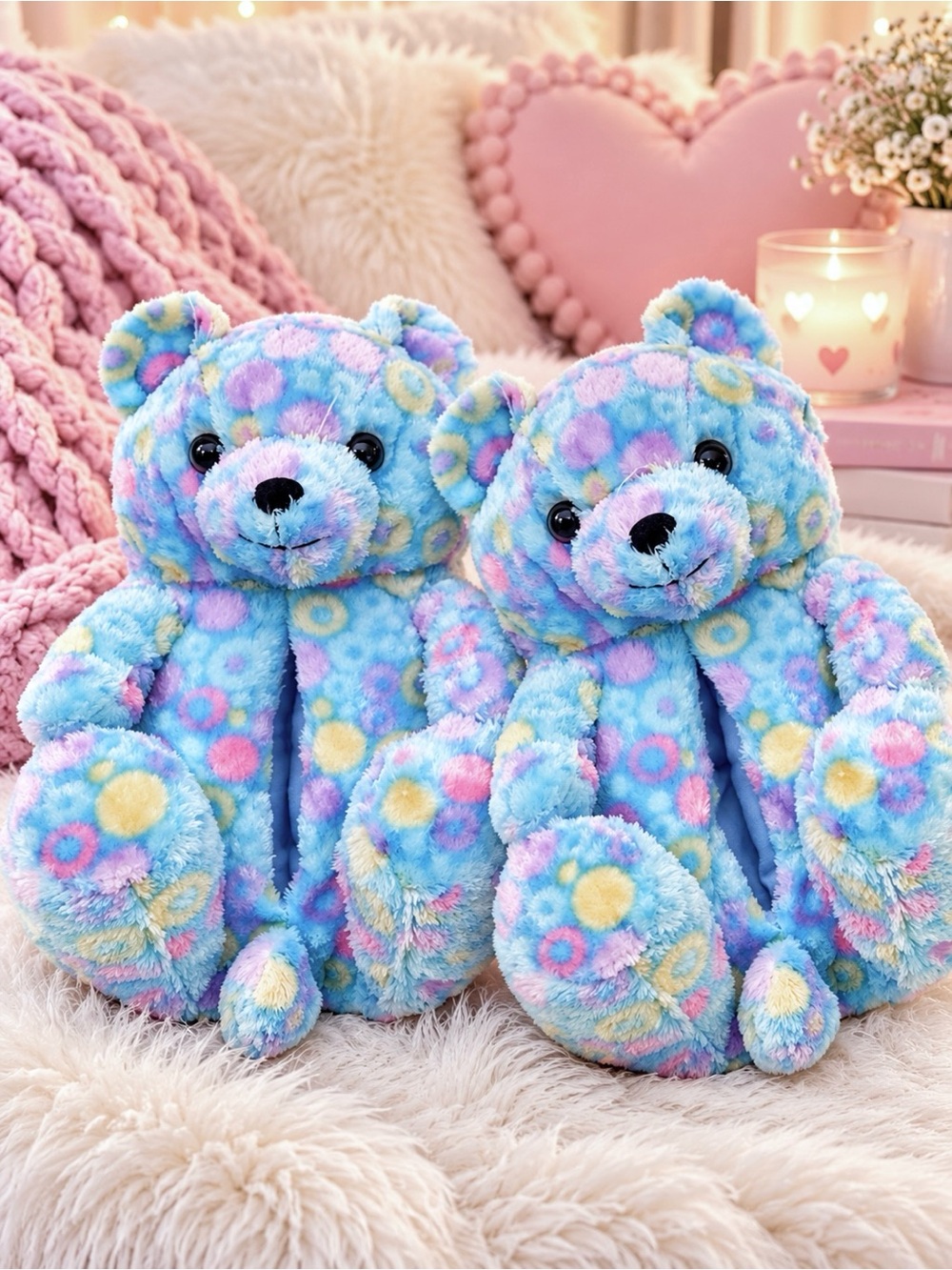 Blue Pastel Teddy Bear Plush Slippers Women’s 6-9 Fuzzy Cozy House Shoes Unisex